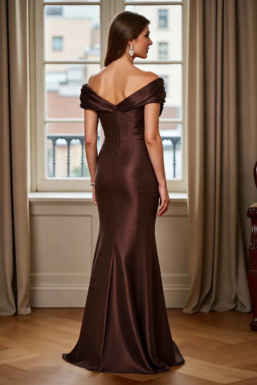 Brown Satin Off the Shoulder Long Mermaid Full Of Charm Mother of Bride Dress